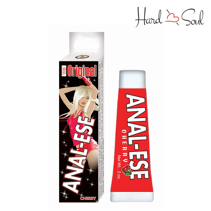 A box of Anal-Ese Cherry - Soft Packaging .5oz and a tube next to it - HardnSoul