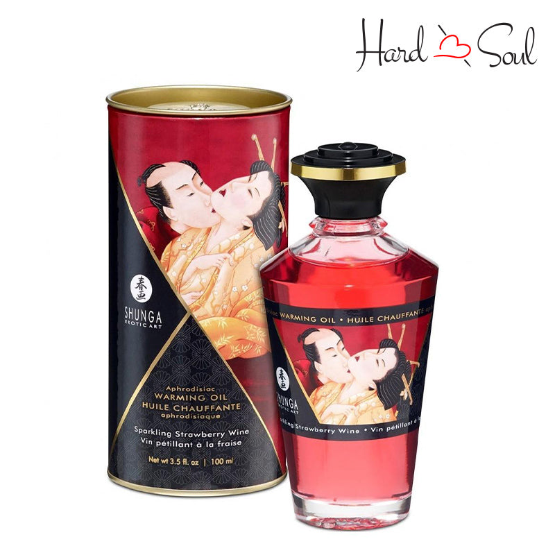 A Box of Aphrodisiac Warming Oil - Sparkling Strawberry Wine and a 3.5 oz bottle next to it - HardnSoul