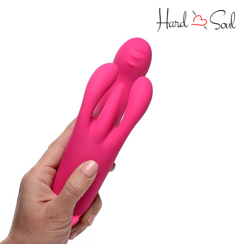 A Bang Triple Rabbit Silicone Vibrator Pink in hand - HardnSoul