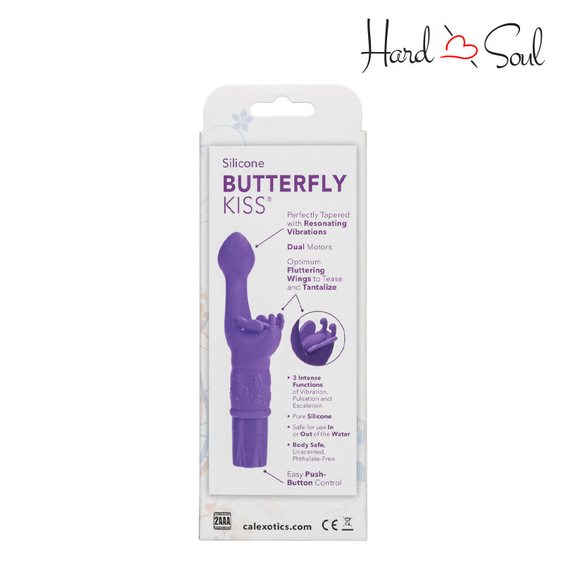 Back Side of Butterfly Kiss Silicone Vibrator Purple Box - HardnSoul