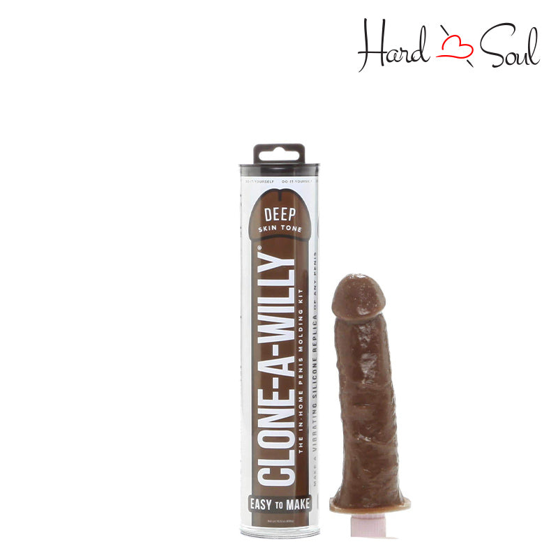 A box of Clone-A-Willy Deep Skin Tone Vibe Kit and a molded dildo next to it - HardnSoul