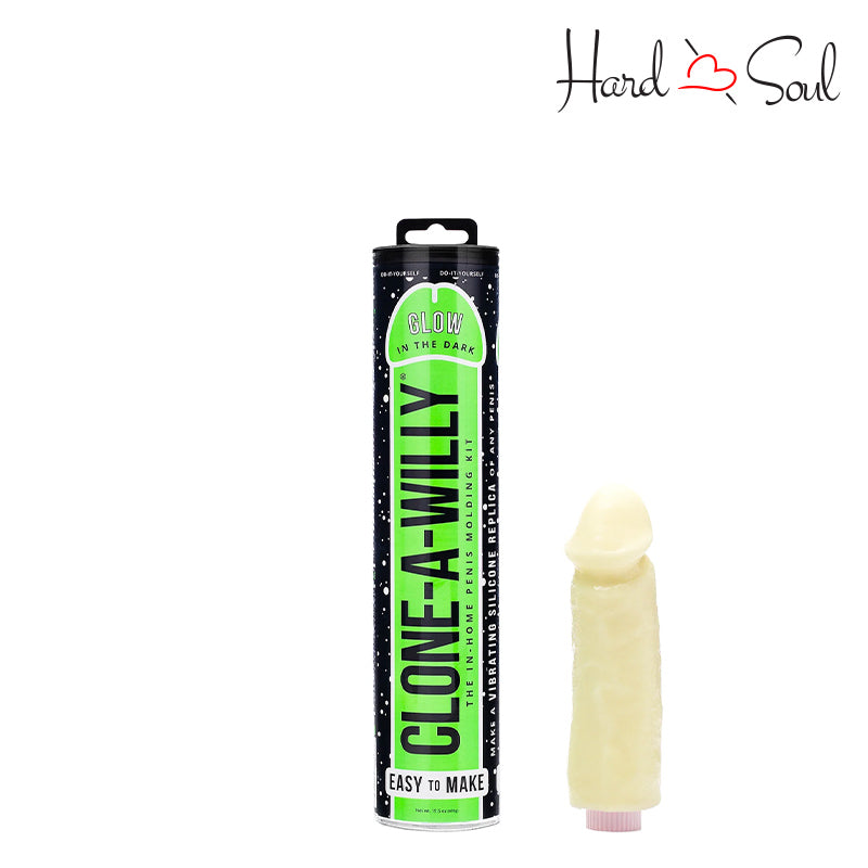 A box of Clone-A Willy Glow In the Dark Vibe Kit and a molded dildo next to it - HardnSoul