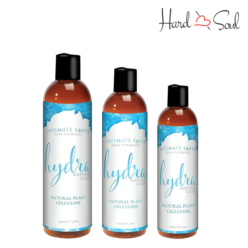 Three size bottles of Intimate Earth Hydra Natural Glide - HardnSoul