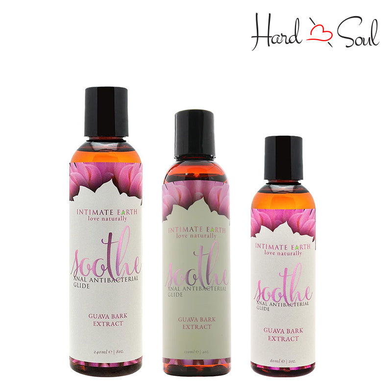 Three size bottles of Intimate Earth Soothe Anal Antibacterial Glide - HardnSoul
