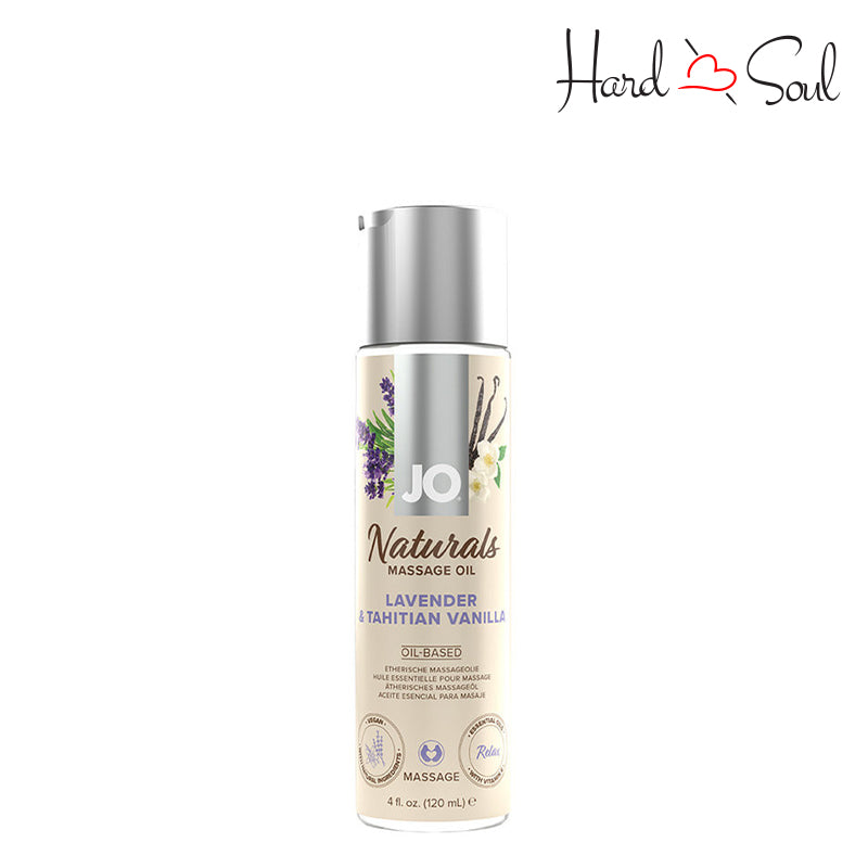 A bottle of JO Naturals Lavender & Tahitian Vanilla Massage Oil 4oz - HardnSoul