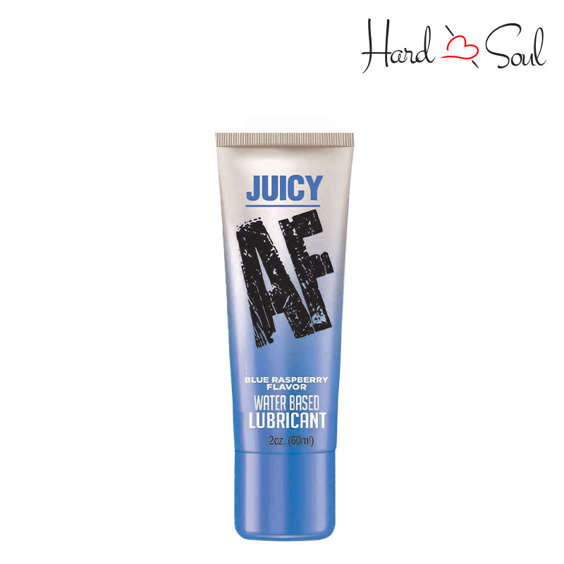 Front Side of a Tube of Juicy AF Water Based Flavored Lubricant Blue Raspberry 2oz - hHardnSoul