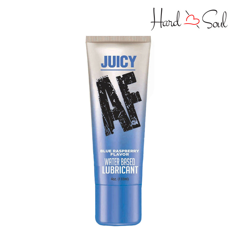 Front Side of a Tube of Juicy AF Water Based Flavored Lubricant Blue Raspberry 4oz - HardnSoul