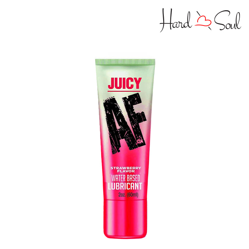 Front Side of a Tube of Juicy AF Water Based Flavored Lubricant Strawberry 2oz - HardnSoul