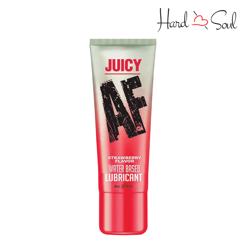 Front Side of a Tube of Juicy AF Water Based Flavored Lubricant Strawberry 4oz - HardnSoul
