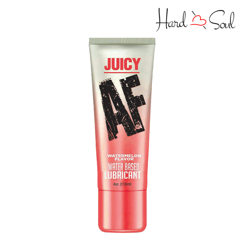 Front Side of a Tube of Juicy AF Water Based Flavored Lubricant Watermelon 4oz - HardnSoul
