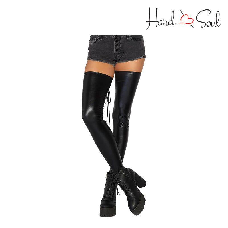 Front Side of S/M Leg Avenue Wet Look Black Thigh Highs - HardnSoul