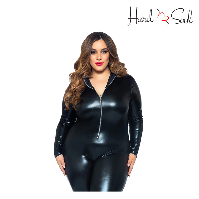 Front side of Leg Avenue Wet Look Catsuit Large Black - HardnSoul
