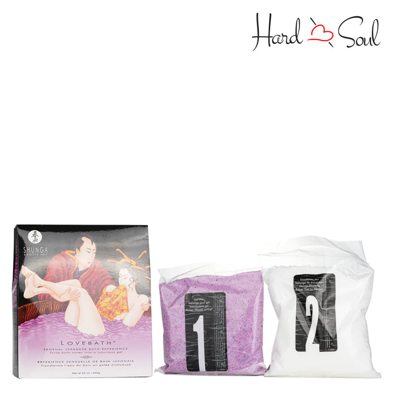 A box of Lovebath Sensual Lotus Bath Gel and two pack gels next to it - HardnSoul