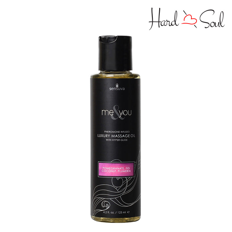 Front Side oc a Bottle of Me & You Pheromone Massage Oil Pomegranate Fig Coconut Plumeria 4.2oz - HardnSoul