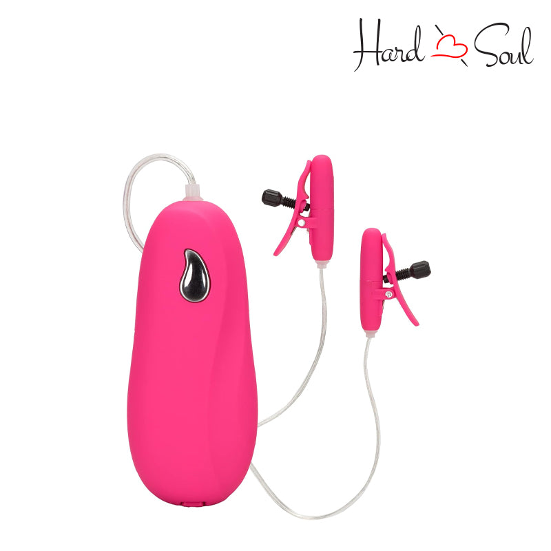 Front side of a Nipple Play Vibrating Heated Nipple Teasers Pink showing its button and nipple teasers - HardnSoul