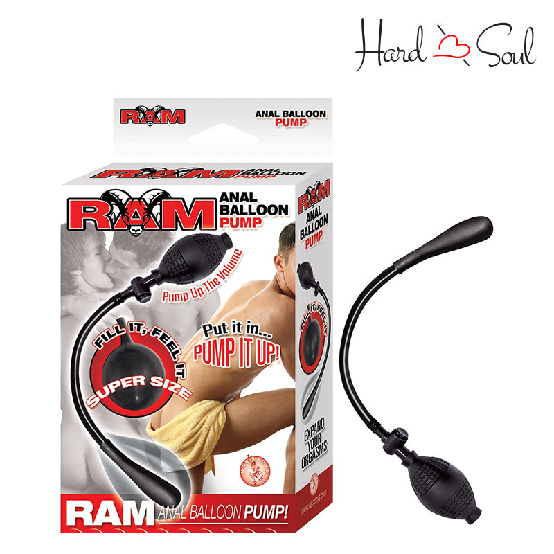 A box of Ram Anal Balloon Pump-Black and a Anal Balloon Pump next to it - HardnSoul