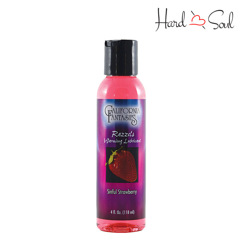 A 4oz bottle of Razzels Warming Lubricant Sinful Strawberry - HardnSoul