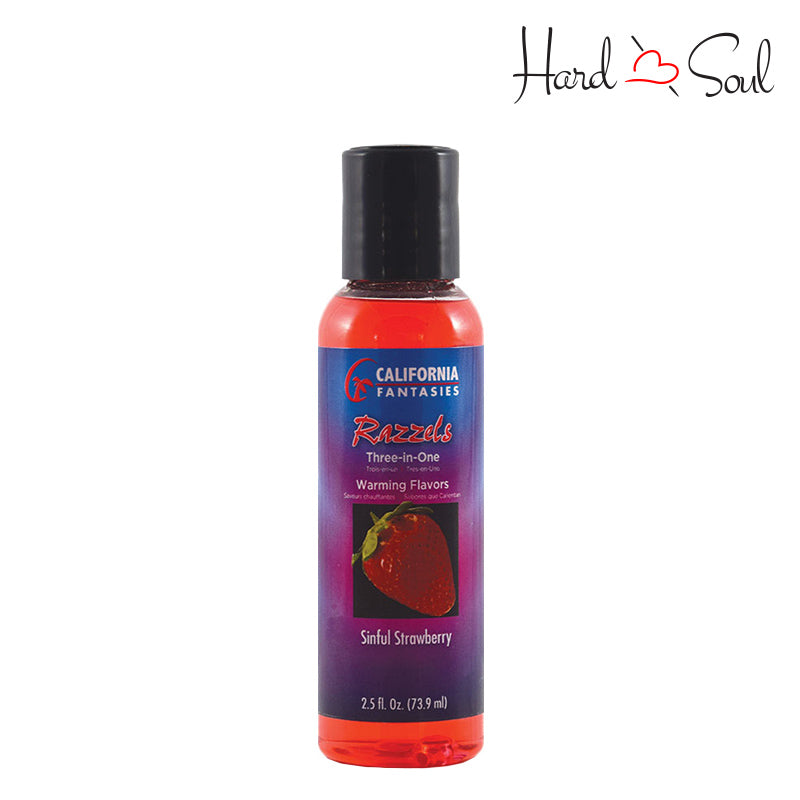 A 2.5oz bottle of Razzels Warming Lubricant Sinful Strawberry - HardnSoul