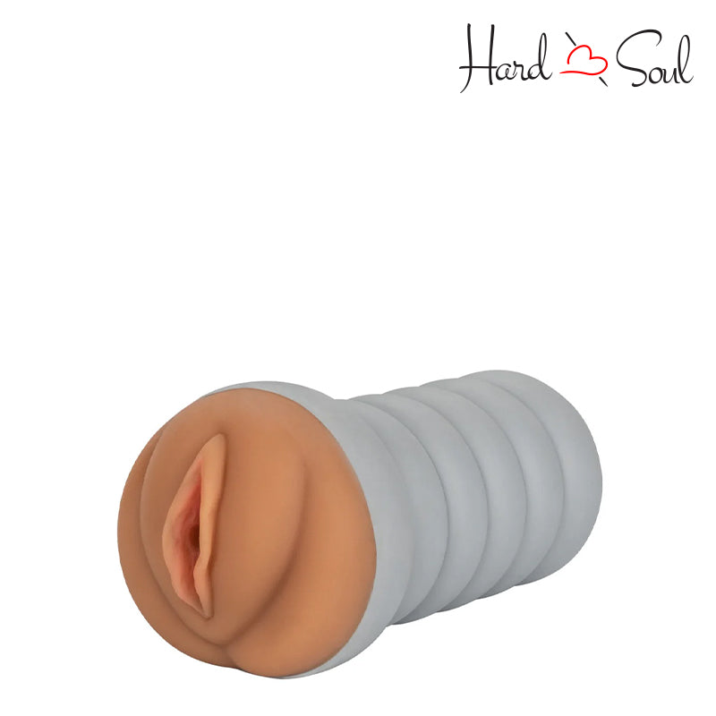 Front Side of Ribbed Gripper Tight Pussy Grip Stroker Brown - HardnSoul
