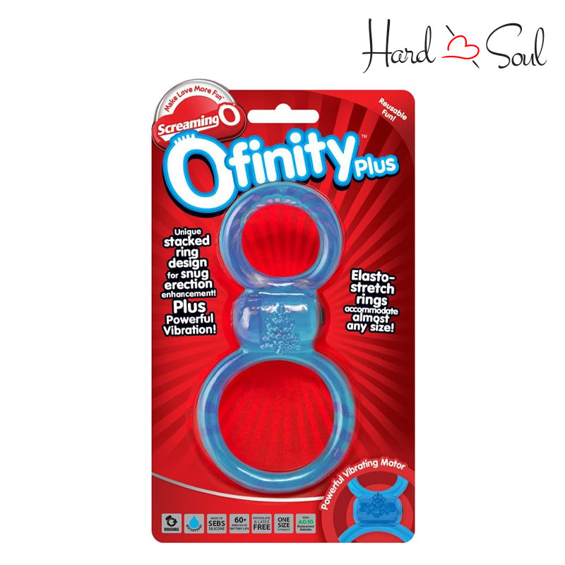 Front Side of Screaming O Ofinity Plus Double Cock Ring Blue Box - HardnSoul