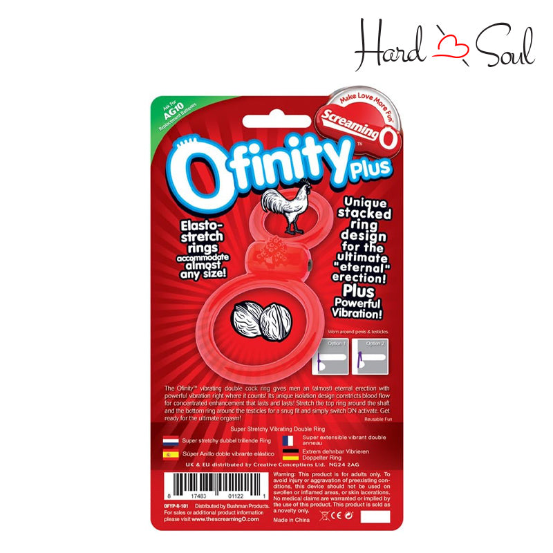 Back Side of  A Box of Screaming O Ofinity Plus Double Cock Ring Red Box - HardnSoul
