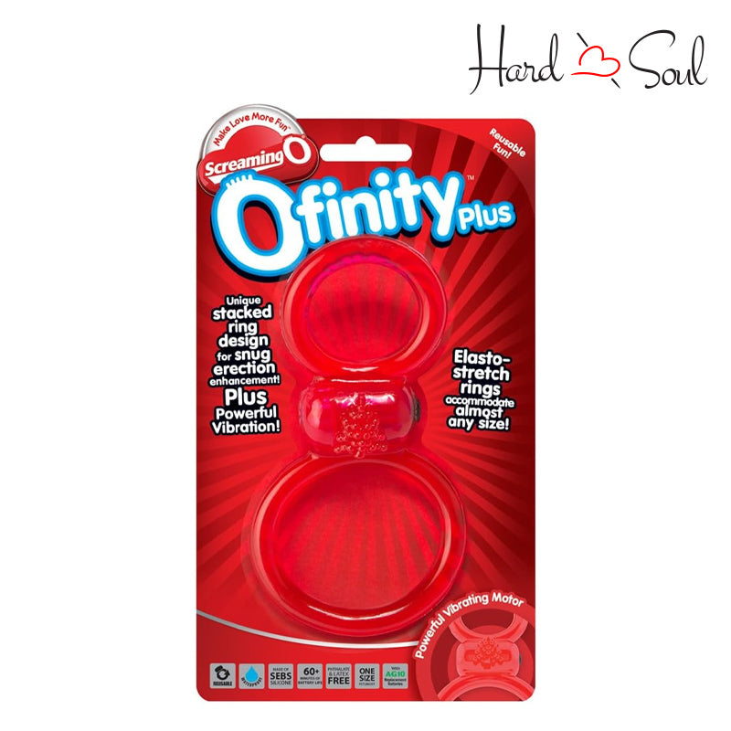 Front Side of  A Box of Screaming O Ofinity Plus Double Cock Ring Red Box - HardnSoul