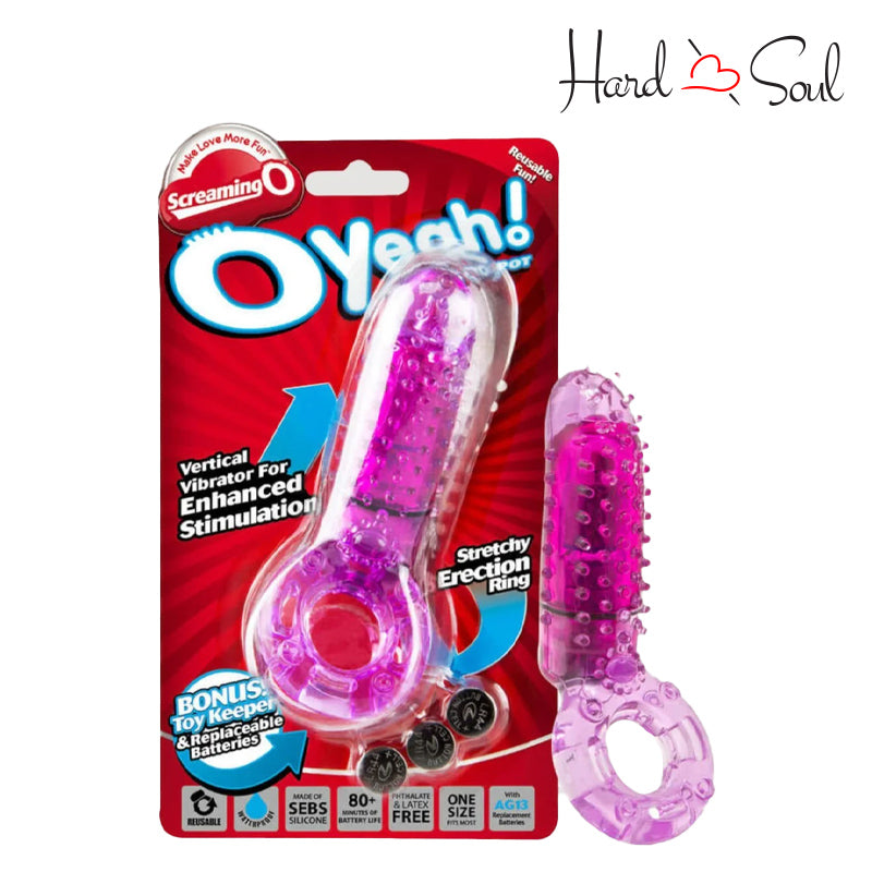 A Box of Screaming O OYeah Vibrating Cock Ring Purple and a cock ring next to it - HardnSoul