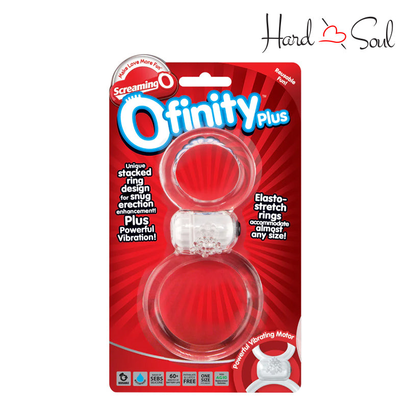 A Box of Screaming O Ofinity Plus Double Cock Ring Clear - HardnSOul