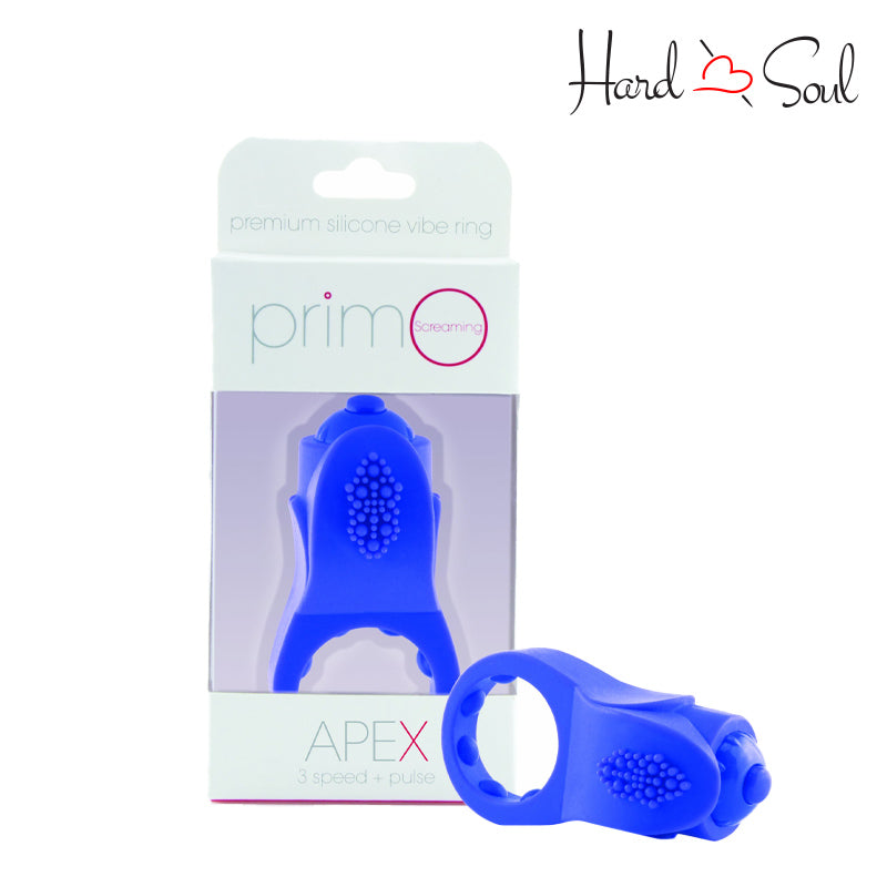 A Box of Screaming O PrimO Apex Vibrating Ring Blue and a cock ring next to it - HardnSoul