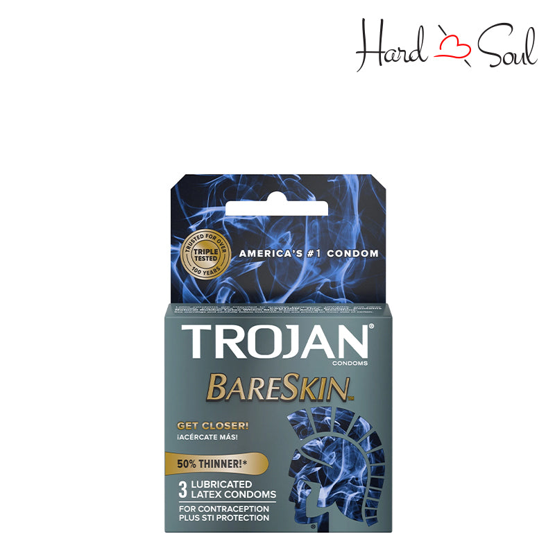 Front Side of a Box of Trojan BareSkin Lubricated Latex Condoms 3 Count - HardnSoul