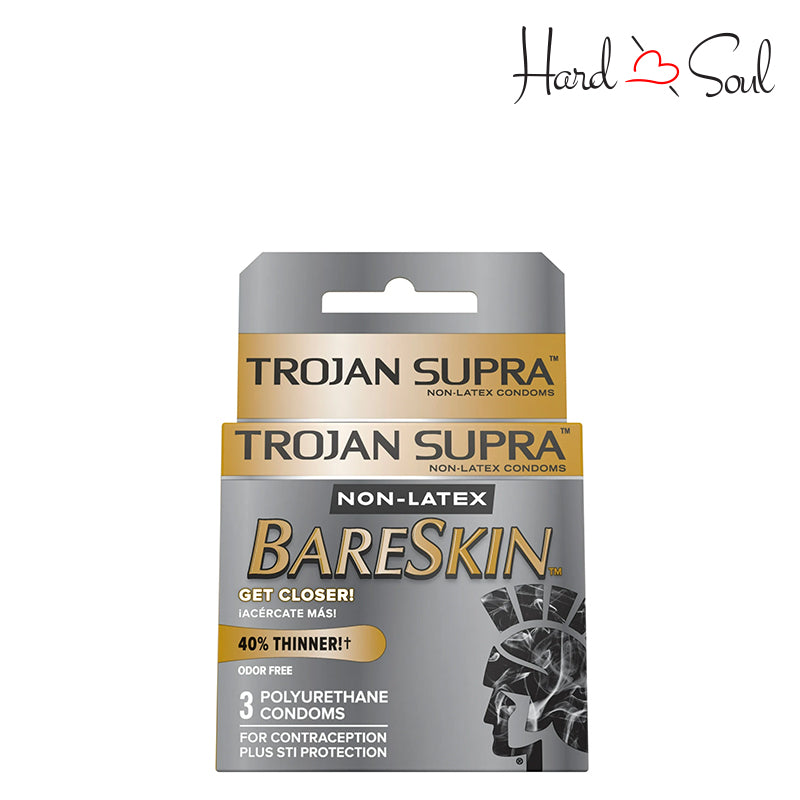 Front side of a Box of Trojan BareSkin Supra Non-Latex Condoms 3 Count - HardnSoul