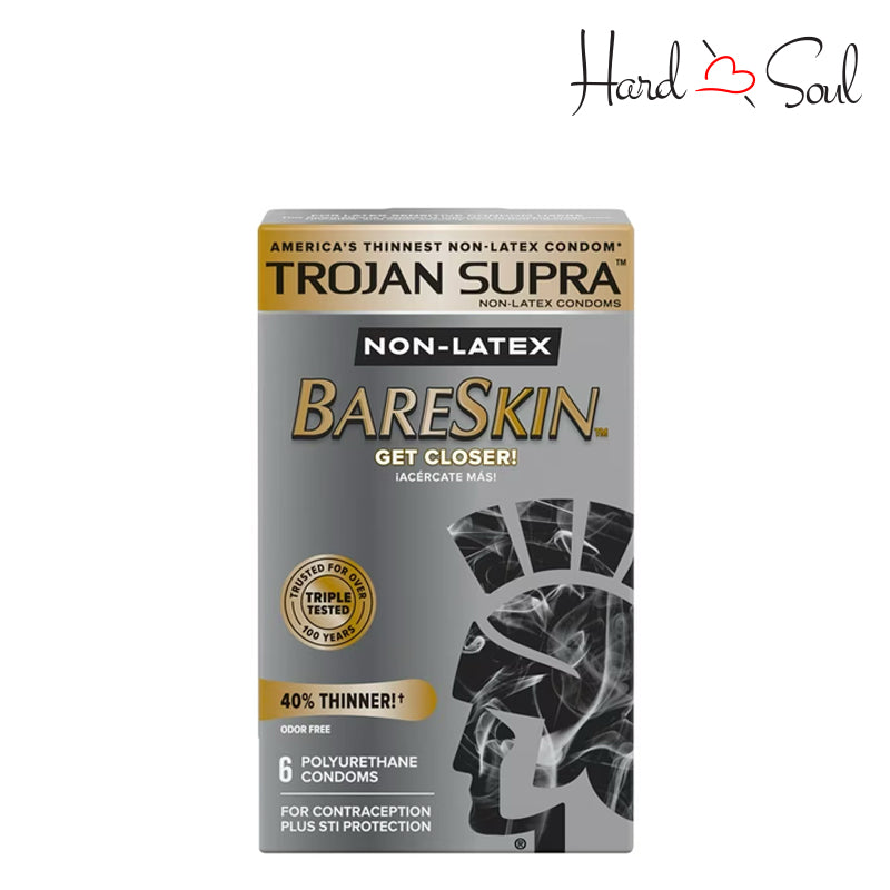Front Side of a Box of Trojan BareSkin Supra Non-Latex Condoms 6 Count - HardnSoul