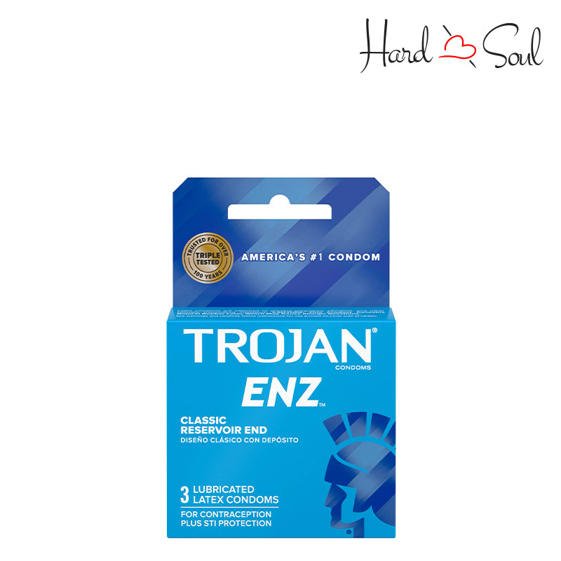 Front Side of a Box of Trojan ENZ Lubricated Condoms 3 Count - HardnSoul
