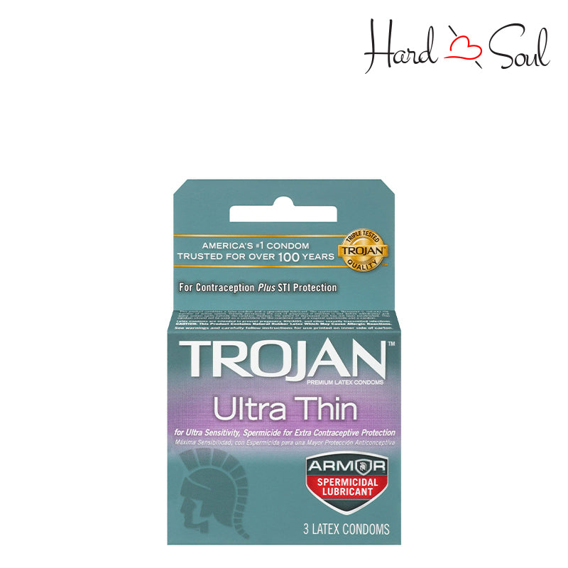 Front Side of a Box of Trojan Ultra Thin Armor Spermicide Condom 3 Count - HardnSoul