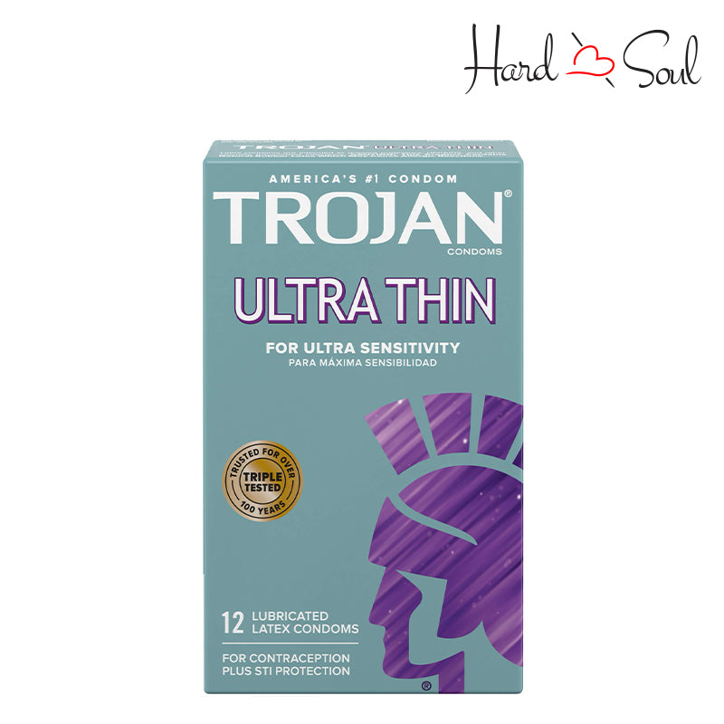 Front side of a Box of Trojan Ultra Thin Lubricated Condoms 12 Count - HardnSoul
