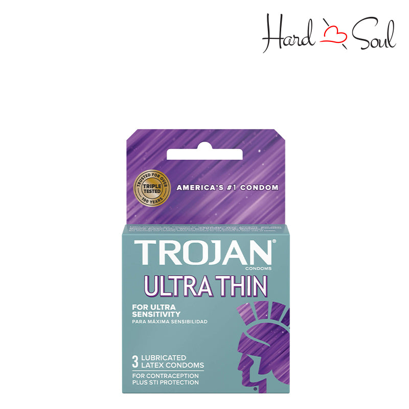 Front Side of a Box of Trojan Ultra Thin Lubricated Condoms 3 Count - HardnSoul