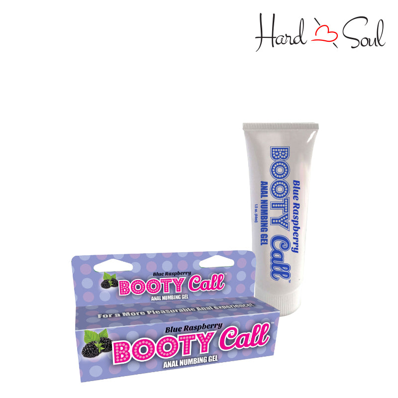 A Box of Booty Call Anal Numbing Gel Blue Raspberry next to a 1.5oz tube - HardnSoul