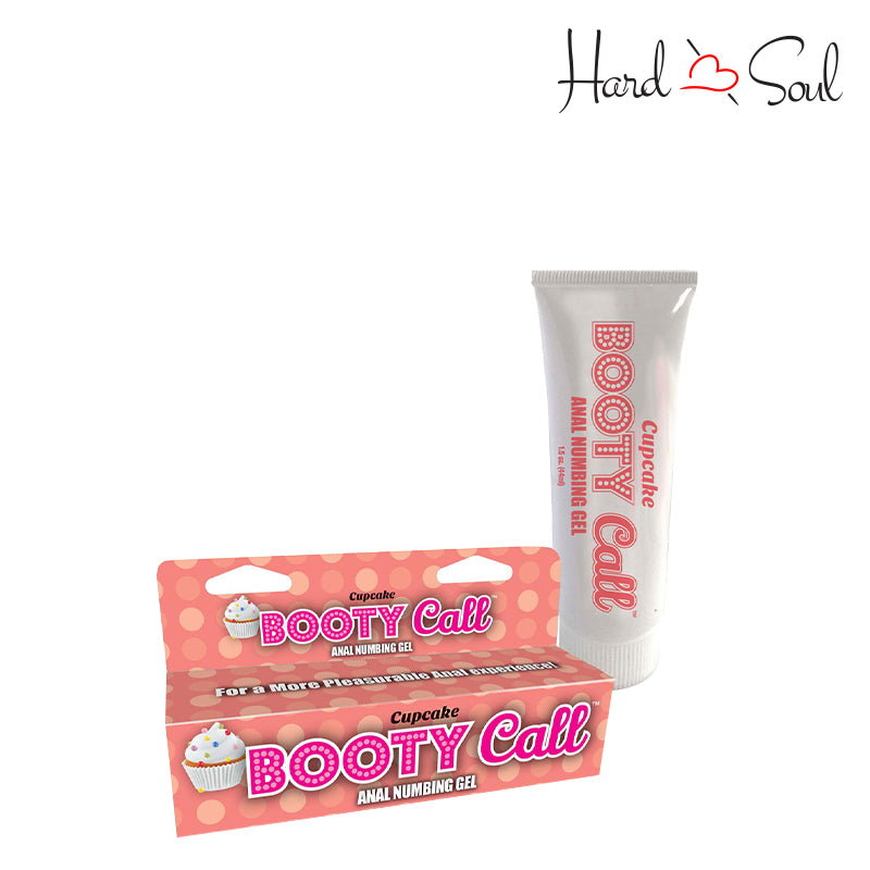 A Cupcake Booty Call Anal Numbing Gel Box next to its 1.5oz size bottle - HardnSoul