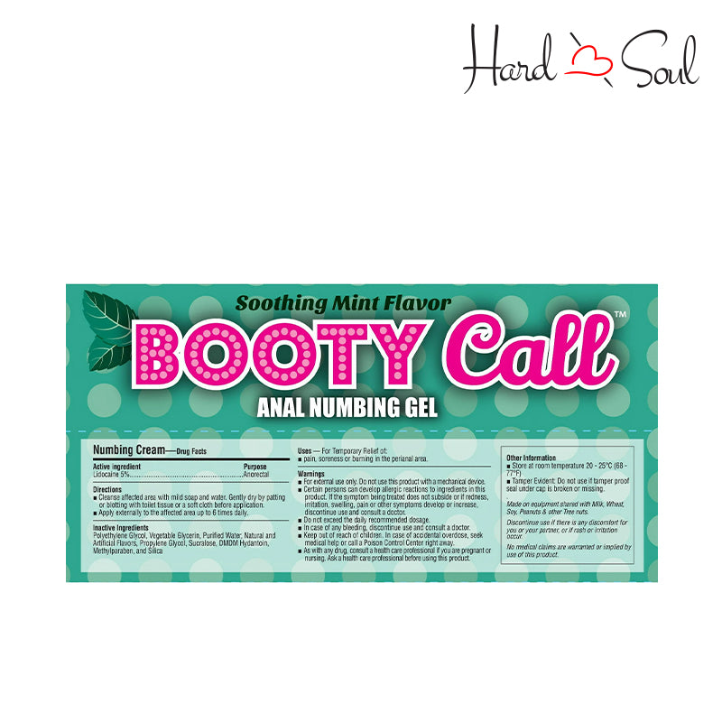 Backside of a Box of Mint Booty Call Anal Numbing Gel 1.5oz  - HardnSoul