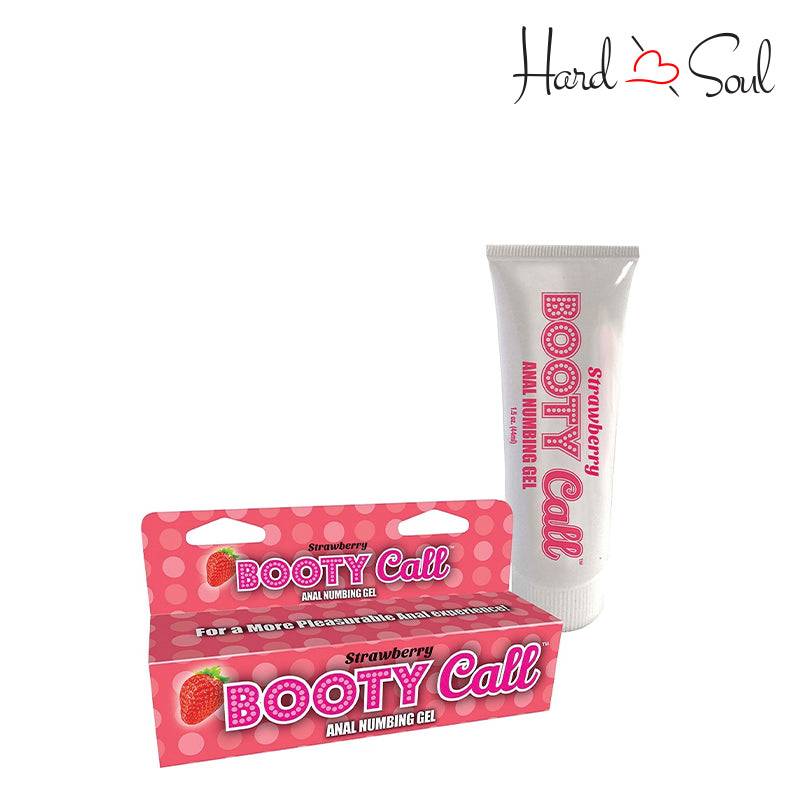 A Box of Strawberry Booty Call Anal Numbing Gel next to a 1.5oz tube - HardnSoul