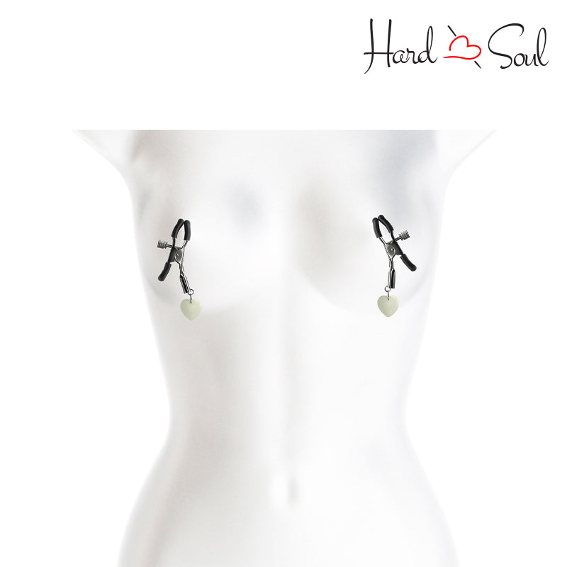 Bound Nipple Clamps G3 Glow In the Dark Gray on a manikin - HardnSoul