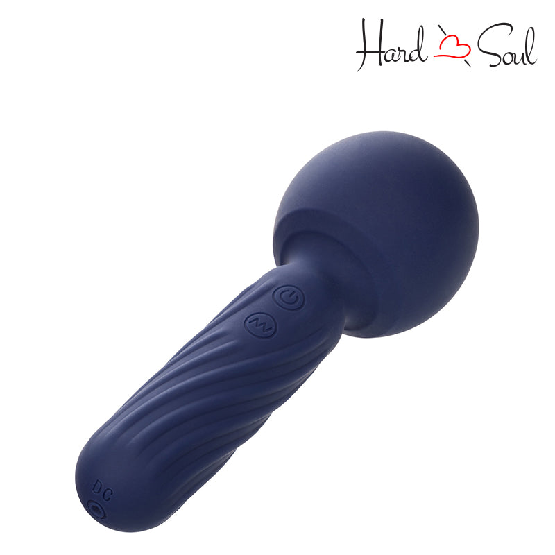 Bottom side of a Charisma Seduction Rechargeable Silicone Massager Wand Blue with its buttons visible - HardnSoul