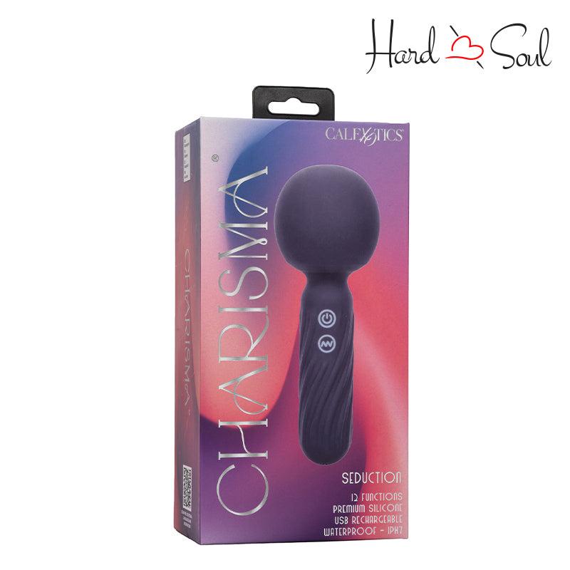 Front Side of a Box of Charisma Seduction Rechargeable Silicone Massager Wand Blue - HardnSoul