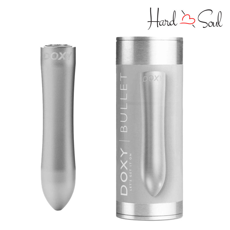 A Doxy Bullet Vibrator Silver and a box next to it - HardnSoul