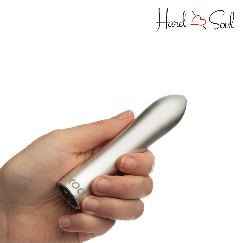 A Doxy Bullet Vibrator Silver in hand - HardnSoul