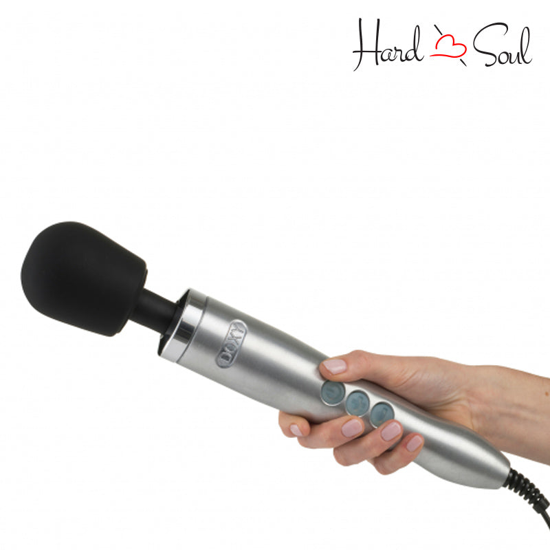 A Doxy Die Cast Wand Massager Brushed Metal in hand - HardnSoul