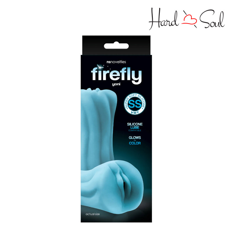 Front Side of a Box of Firefly Yoni Glow In The Dark Silicone Stroker Blue - HardnSoul