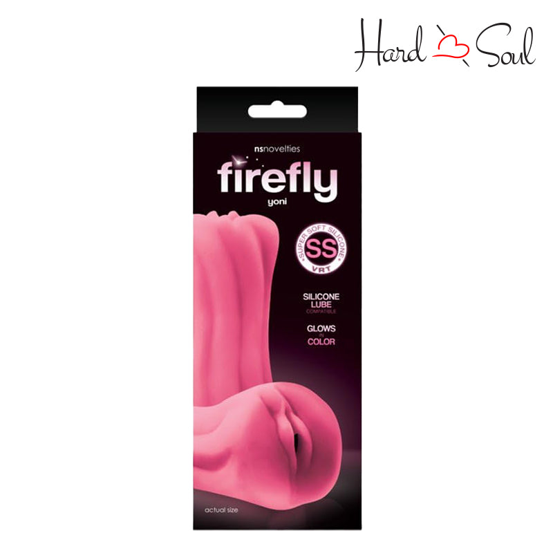 Front Side of a Box of Firefly Yoni Glow In The Dark Silicone Stroker Pink - HardnSoul