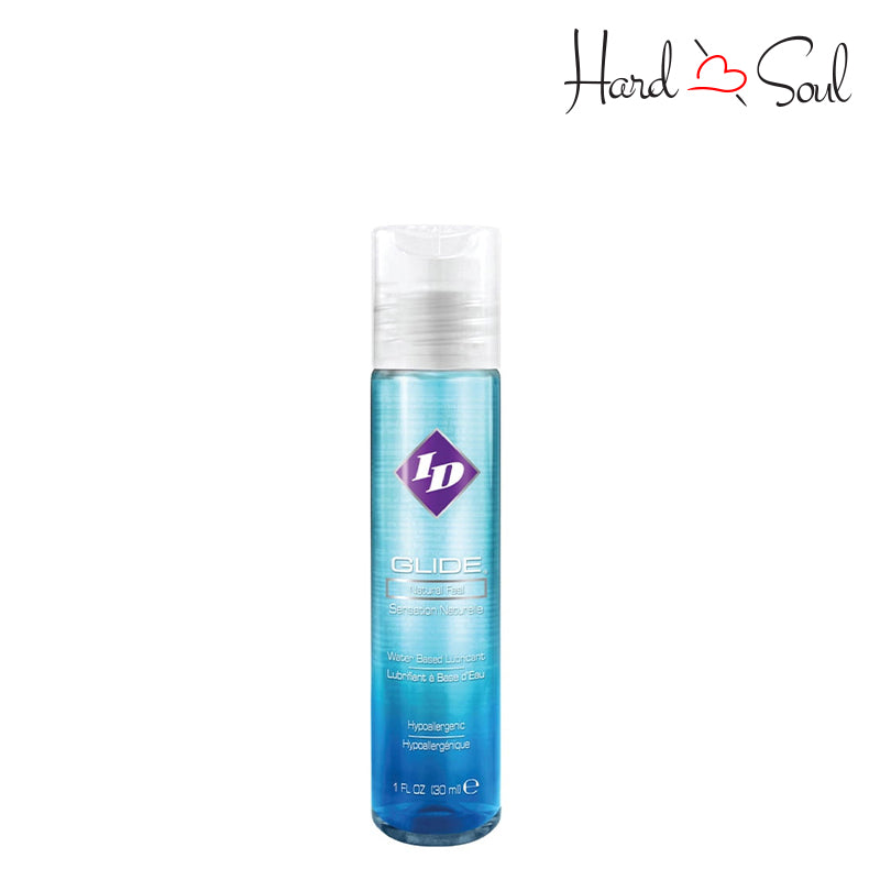 Front side of a bottle of ID Glide Water Based Lubricant 1oz - HardnSoul