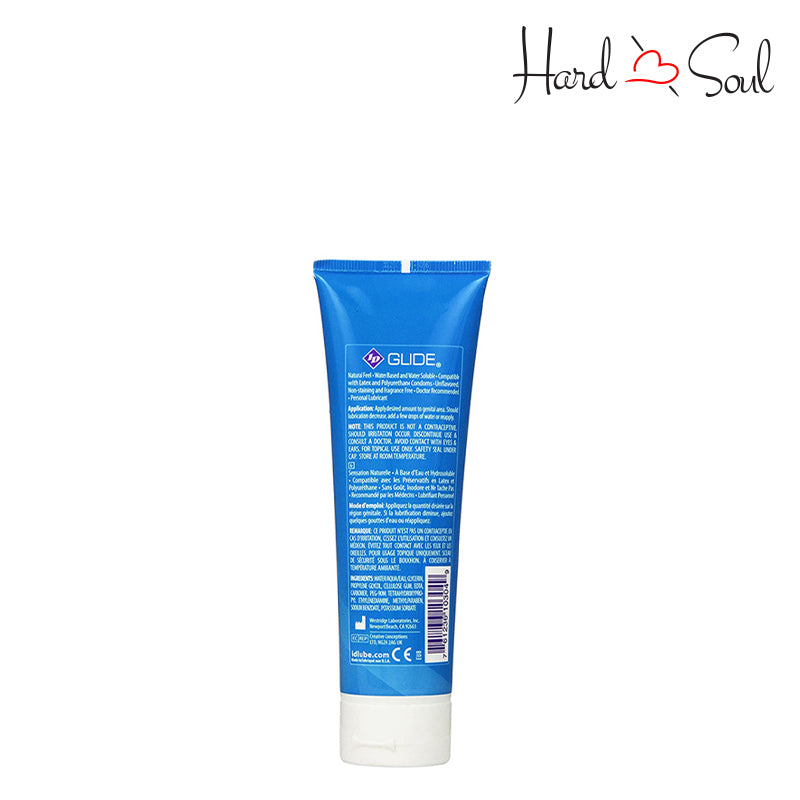 Backside of a tube of ID Glide Water Based Lubricant 4oz - HardnSoul